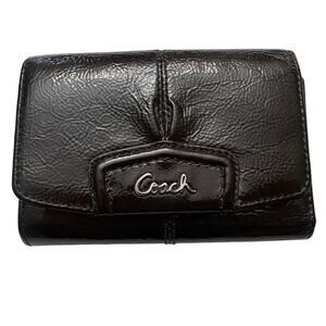 Coach Brown Patent Leather Trifold Snap Wallet